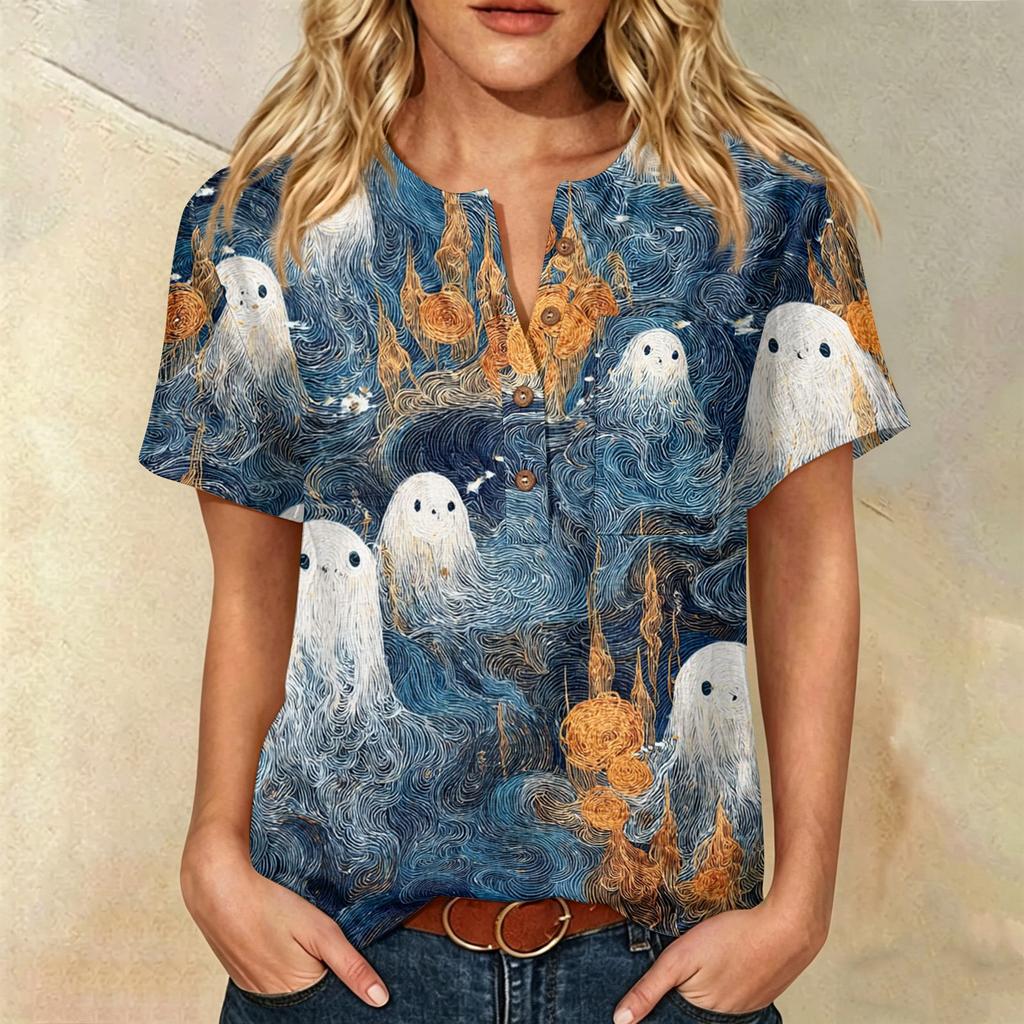 Women Casual Short Sleeve Henley Shirt Cotton Linen Blend Halloween Print Front Pocket Button Neck Blouse