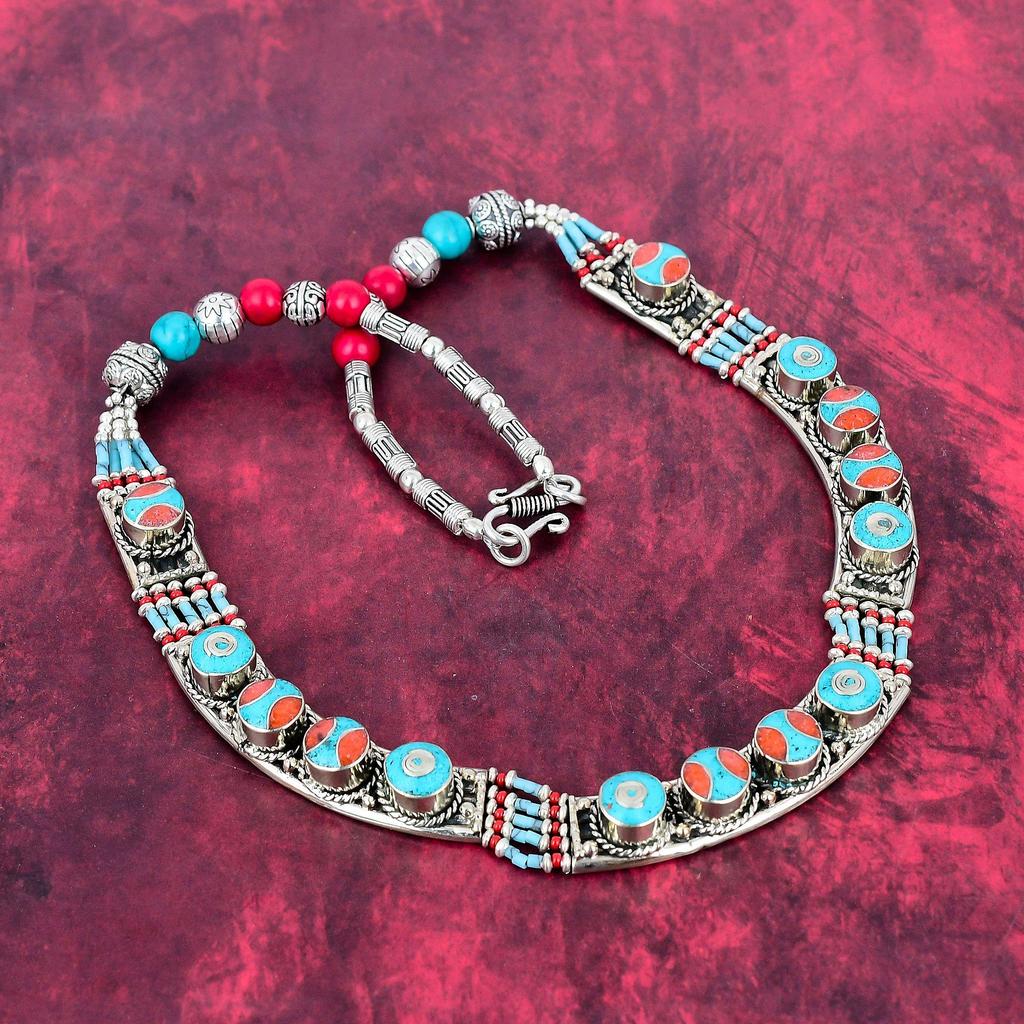 Turquoise, Coral Necklace, Gemstone 925 Solid Sterling Silver Jewelry Necklace, Handmade Jewelry Birthstone Nepali Necklace, Gift For Him