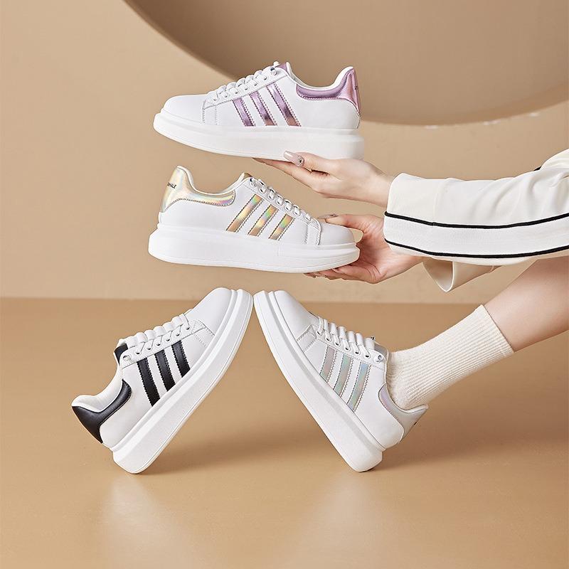 Spring Small Size Casual Shoes for Women, Thick-soled Leather Little White Shoes for Women, Lace-up Color Matching Student Shoes