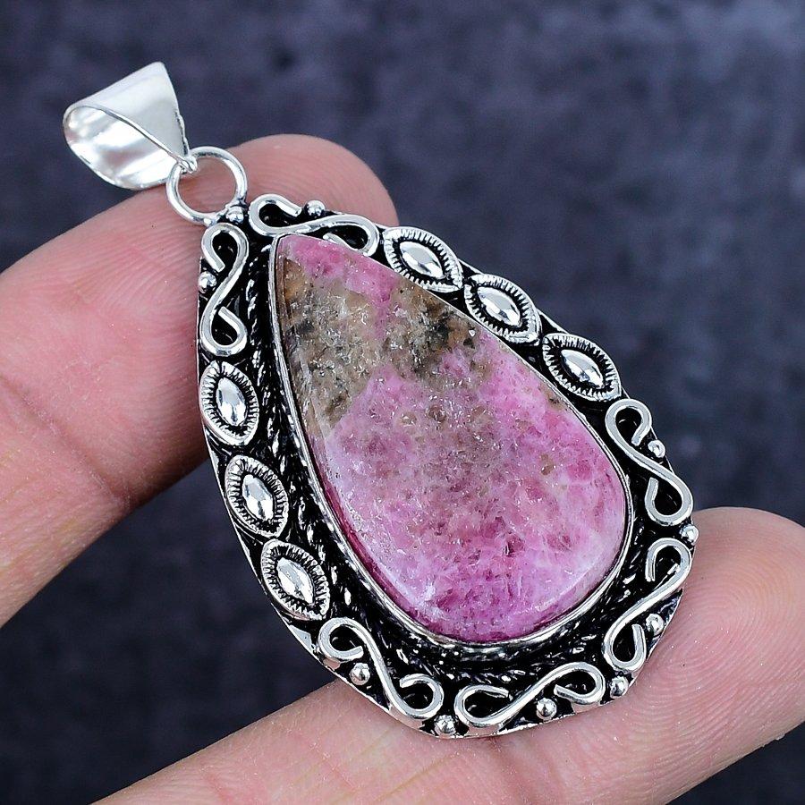 Natural Pink Thulite Gemstone Handmade 925 Sterling Silver Pendant 2.29" ETC-14239