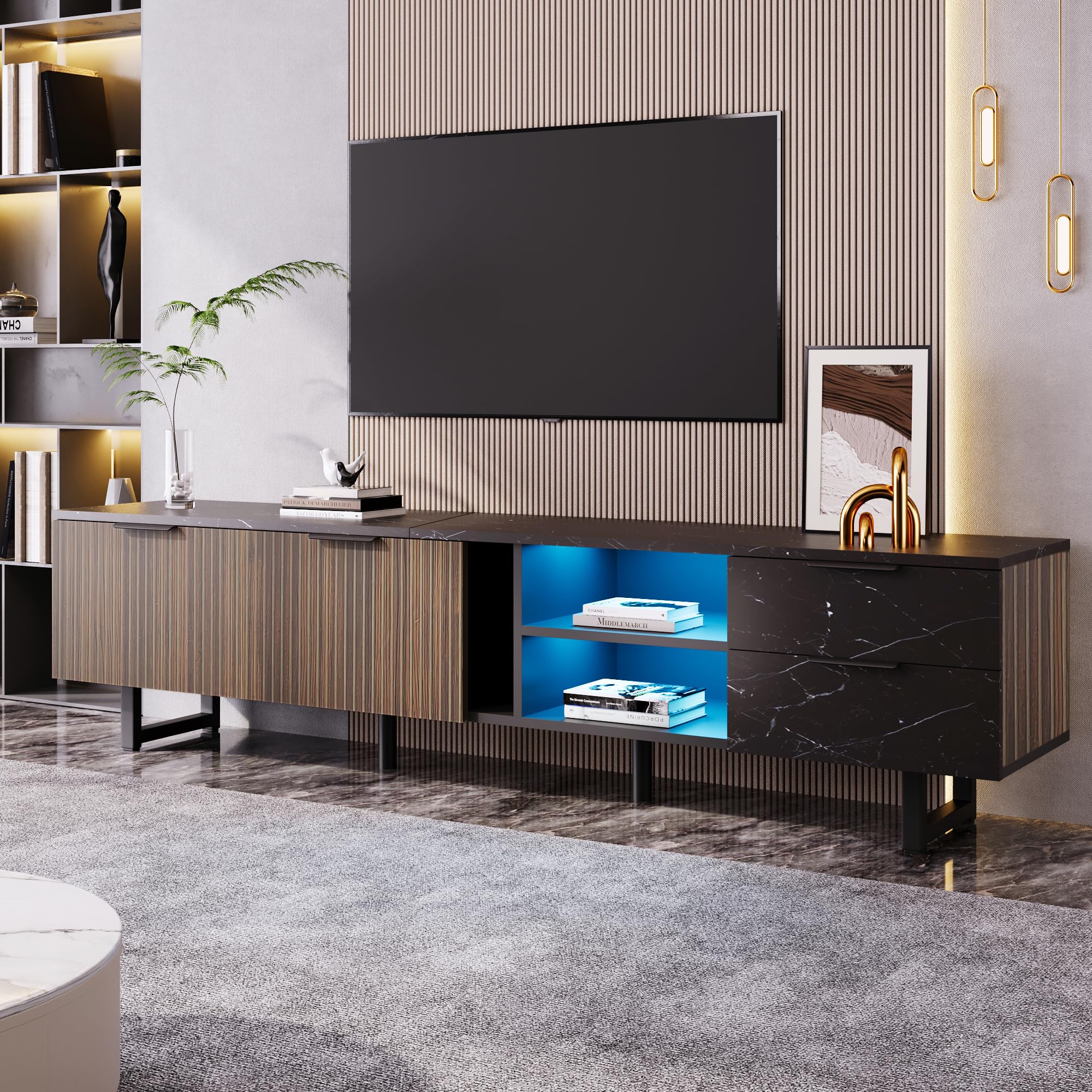 TV skapītis, ar LED apgaismojumu, marmora