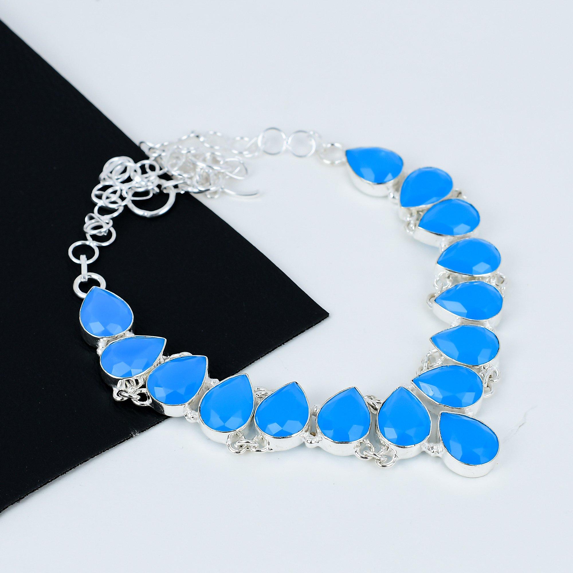 

Серебряное ожерелье с синим халцедоном, синее ожерелье, ожерелье из драгоценных камней, ювелирные изделия из стерлингового серебра 925 пробы, изысканное ожерелье из серебряного кристалла 925 пробы для нее 20 синий