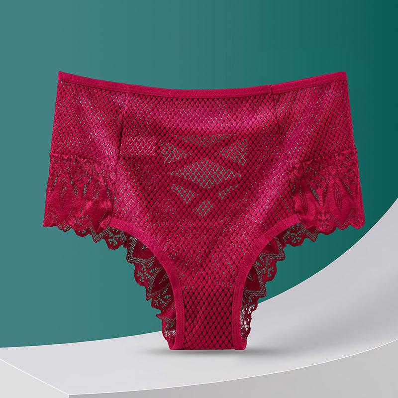 2PCS Sexy Mesh Women Lace Underwear Mid-Rise Briefs Hollow Out G String Underpant Solid Comfortable Female Breathable Lingerie