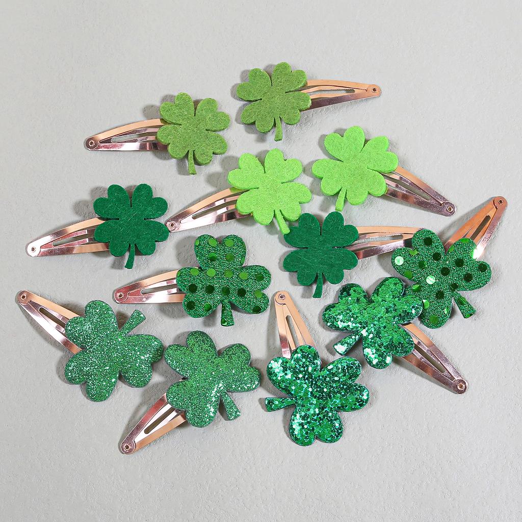 6pcs Sparkly Clover Hair Clips Girls ST'patrick's Day Hairpins Glitter Green Flower Hair Clips Children Kids Headwear