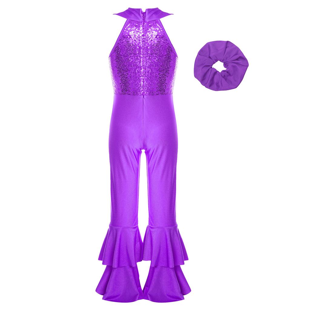 Girls Shiny Sequins Dance Leotard Sleeveless Turndown Collar Zipper O Ring Bell Bottom Design with Hair Band