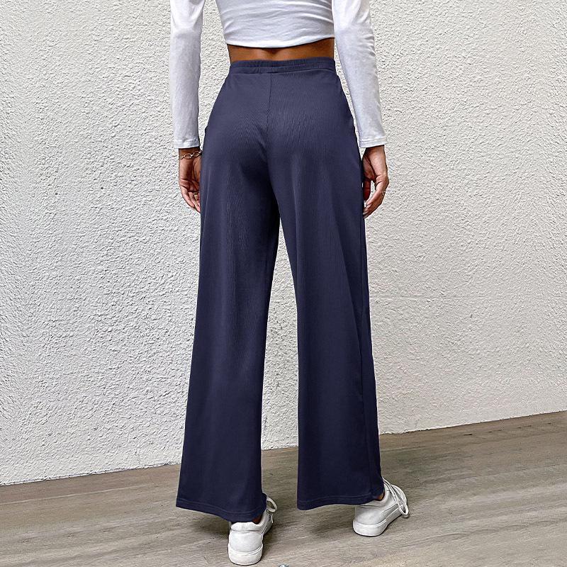 2024 Women's Autumn Solid Color Wide Leg Ribbed Casual Pants with Elastic Waist