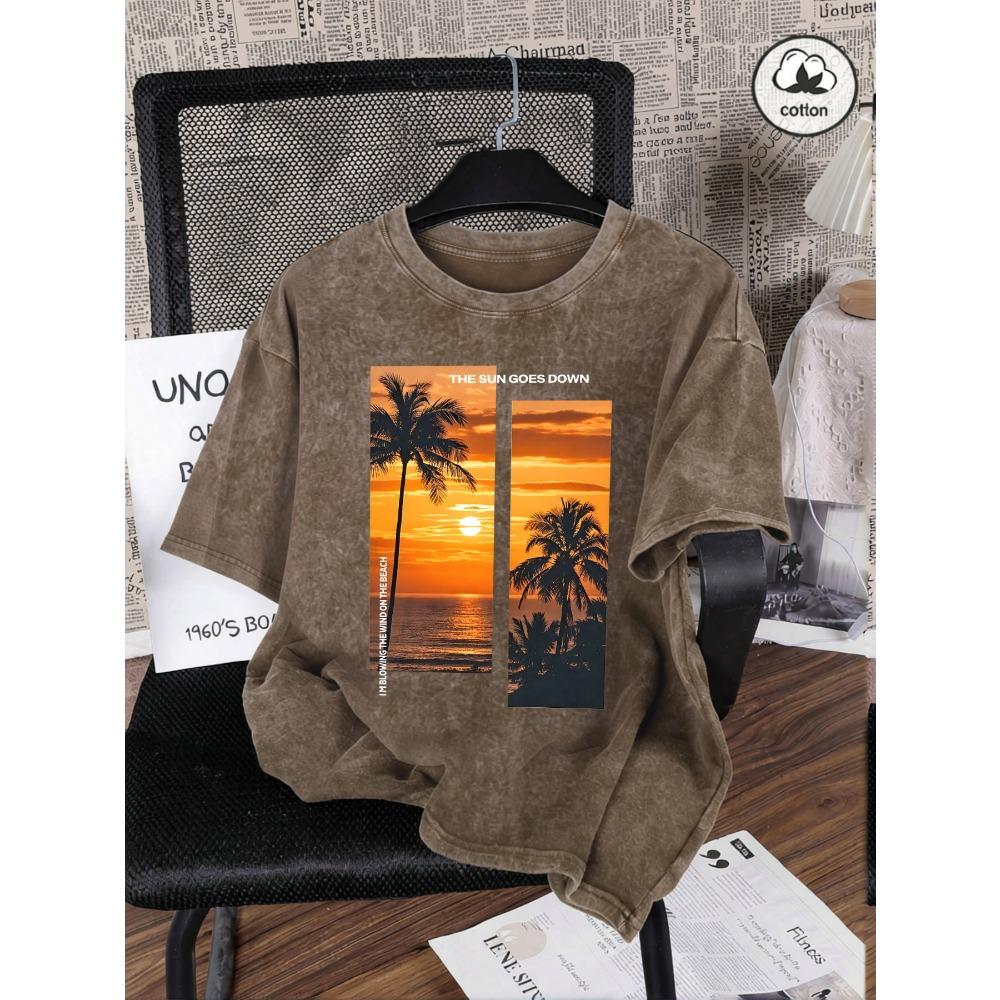 Beautiful Coconut Tree Beach Scenery Print Women Washed T Shirt Cotton T-Shirts Vintage Loose Short Sleeves Sportswear