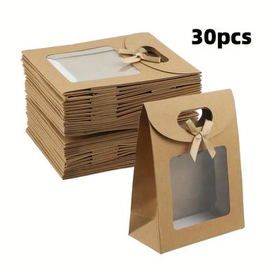 30PCS Elegant Kraft Paper Gift Bags with Clear Window and Sturdy Brown Cardboard Back - Standing Design, Rounded Corners and Twine Closure