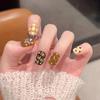 Handmade Press On Nail Cute Brown Hand-painted Cartoon Checkered Stars Short Square Round Fake Nail Patch Artificial Nail Reusable