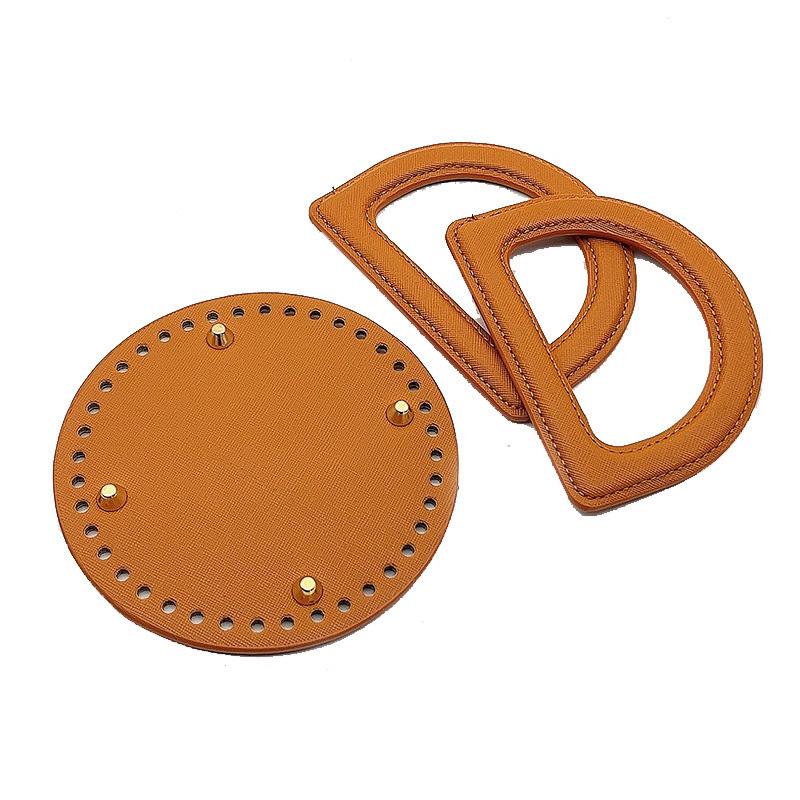 3Pcs/Set Handmade Bag Accessories, Same Color Leather D-Shaped Handle, Leather Bag Bottom, Yarn Weaving DIY Materials