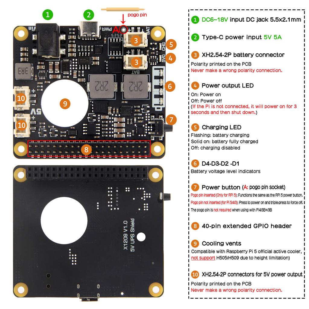 Geekworm X1209 V1.0 5V UPS Shield & Power Management Board for Raspberry Pi 5 / 4B /3B
