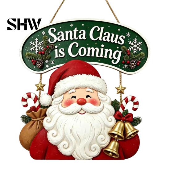 Christmas Tree Hanging Decorations Wooden Sign, Rustic Holiday Wall Decor with Santa Claus Door Hanger Reindeer And Snowman Patterns for Home & Window