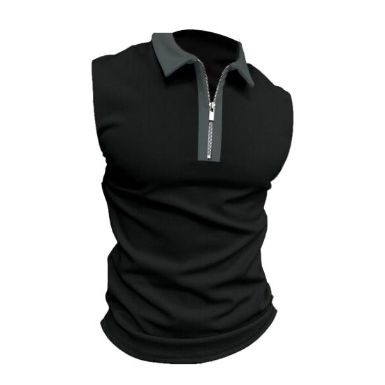 Men Summer Shirt Turn-down Collar Zipper Sleeveless Solid Color Patch Pocket Breathable Pullover Slim Fit Mid Length Casual Daily Top