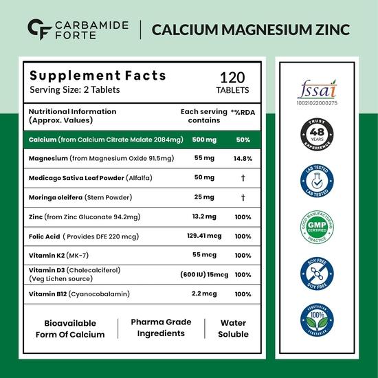 Carbamide Forte Calcium & Vitamin D3 Tablets | Calcium Magnesium Zinc - Bone Health & Joint Support - 120 Tablets