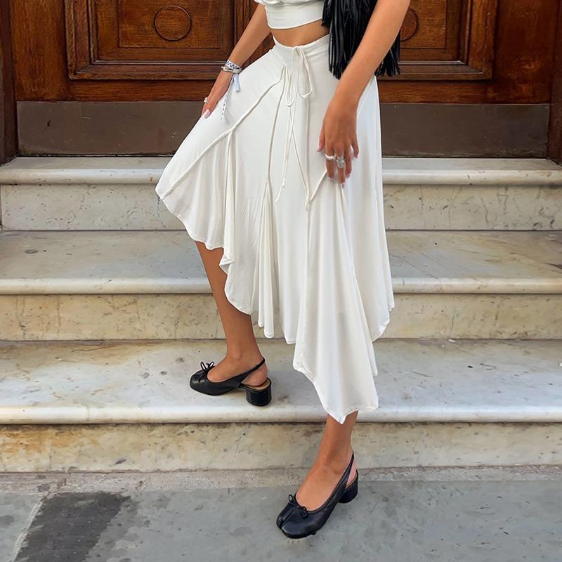 Elegant Asymmetrical Pleated Midi Skirt for Women - Solid Color High Waist A-Line Irregular Hem Skirt
