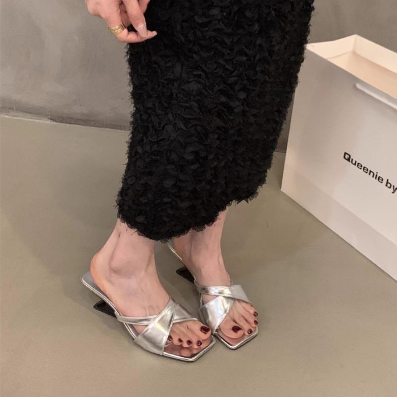Cool slippers summer slope heel one word silver square head niche thin strap cross women's outer wear slope heel sandals