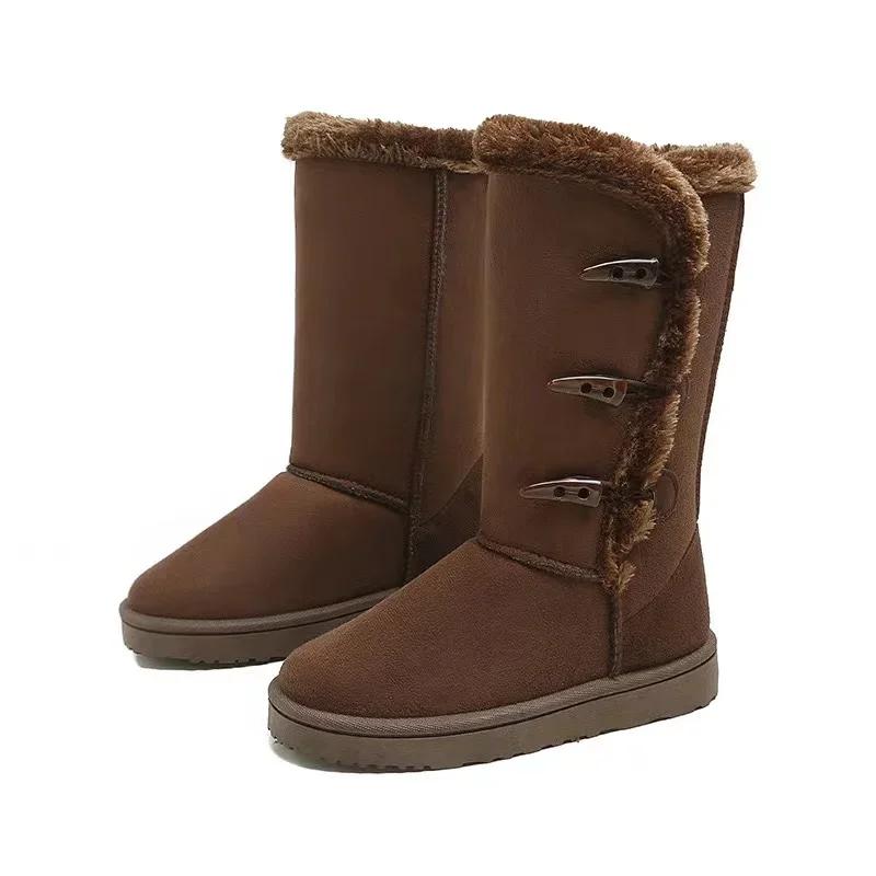 Winter Mid-calf Boots Thick Plush Thick Sole Non-slip Fashion Solid Color Button New Women Boots Classic Retro Brown Long Boots