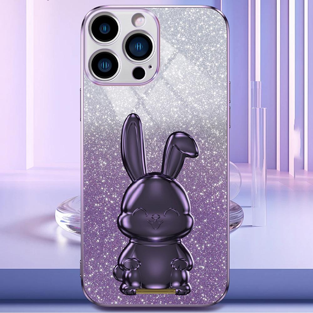 For iPhone 15 Pro Max Back Case Cute Rabbit Electroplating Phone Cover with Kickstand