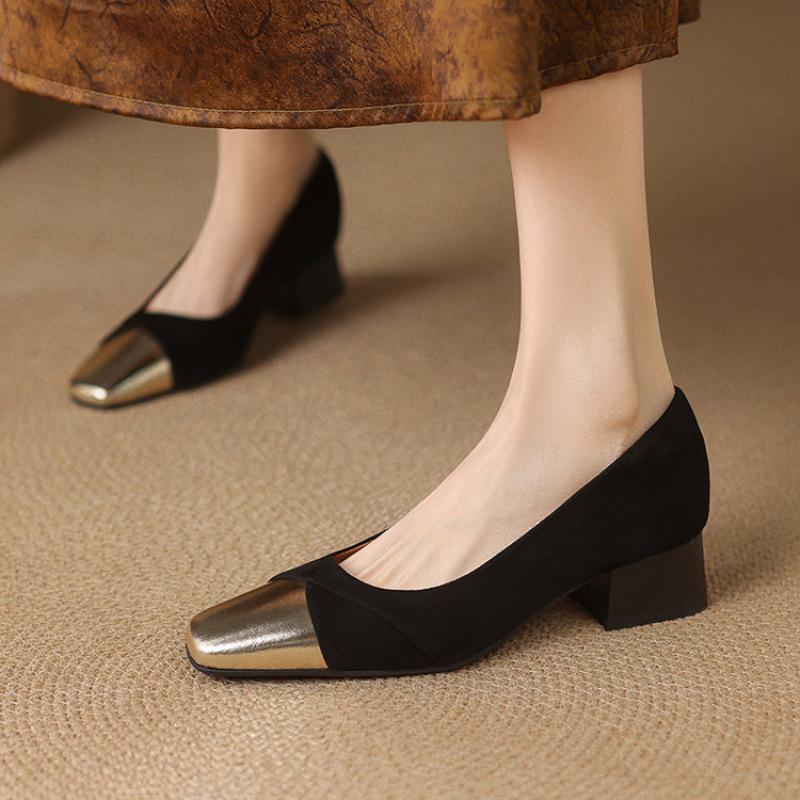

Новые женские туфли на среднем каблуке, одинарные, квадратный носок, сочетание цветов, резиновая подошва, большой размер, квадратный каблук, замшевые, удобные, повседневные, на четыре сезона, маленькая кожа 39 чёрный