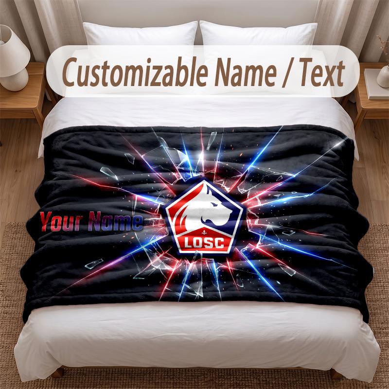 LOSC Lille FC Printed Flannel Blanket Custom Name Text Soft Warm Throw For Bedroom Holiday Gift