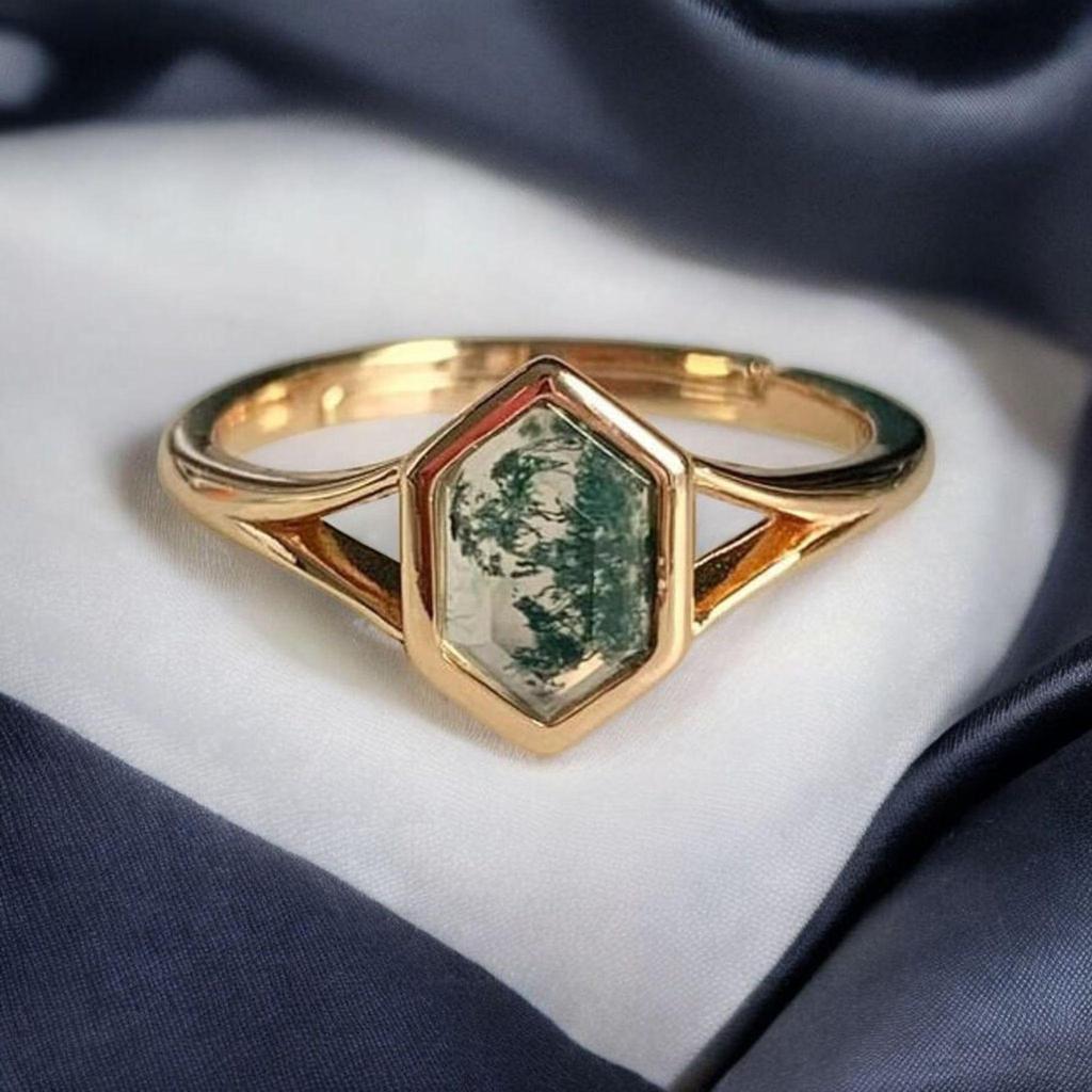 Hexagon Moss Agate Solitaire Ring – Vintage Yellow Gold Plated Pavé Split Shank Ring, Wedding Engagement Jewellery Gift for Women