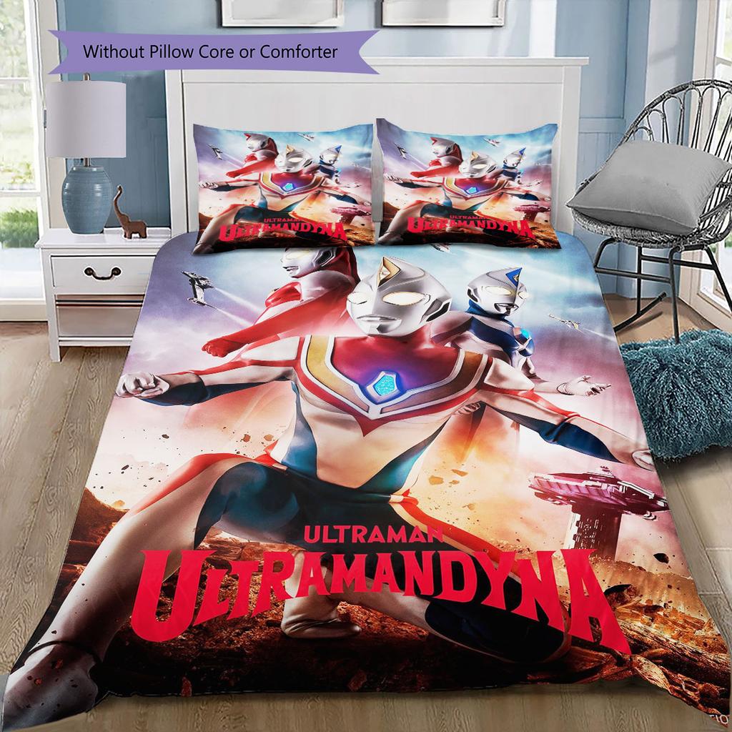 3pc Ultraman cartoon print unbleached bed sheet set(1*Duvet Cover + 2*Pillowcase, Without Core), for bedroom bedding decoration
