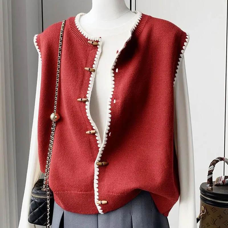 

Жилет для женщин Хлопок Осень Зима Топы Кардиган Вязаный жилет Оверсайз Круглый вырез Повседневный жилет XXL красный
