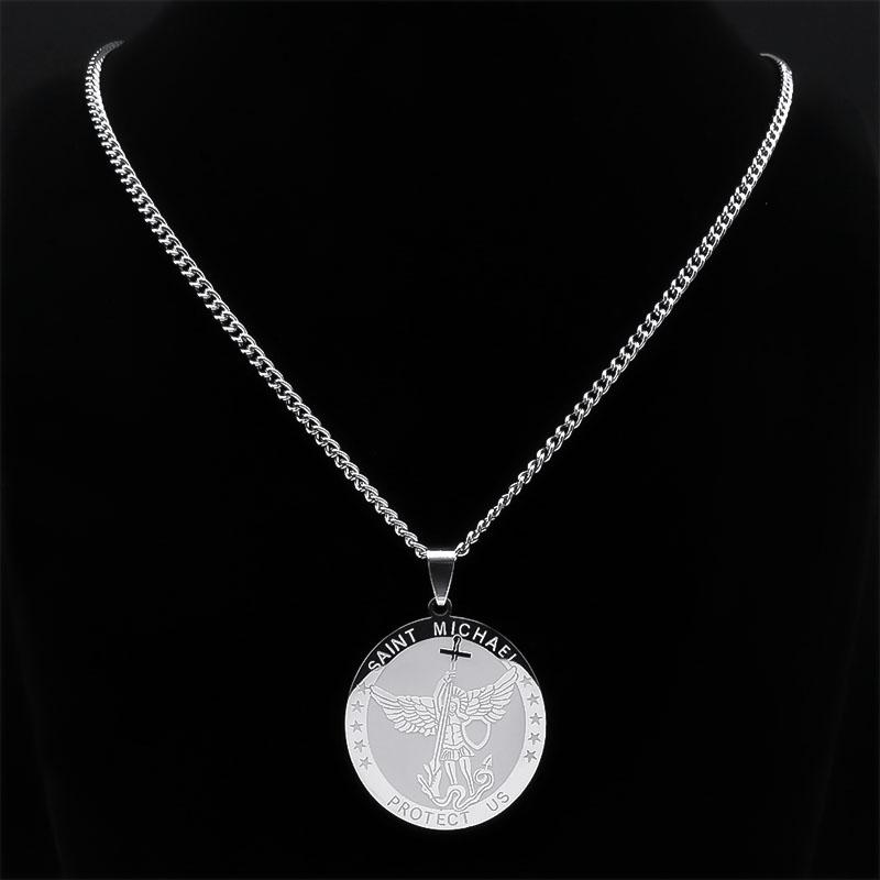 Collana Pendente San Michele Proteggici per Donne Uomini Acciaio Inossidabile Arco Tondo Arcangelo Collane Lunghe Gioielli Hip Hop N2350S05
