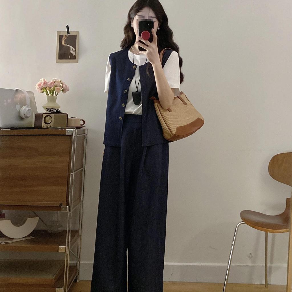 New Plus Size Waist-Cinching Wide-Leg Pants Set: Fashionable Summer Short-Sleeved Vest & Versatile Shirt
