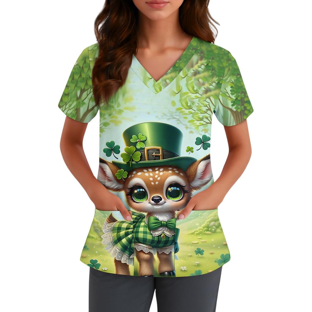 Women's Cute Bow Printed Work Clothes V-neck Double Layer Pockets Basic Short Sleeve Top Pullover