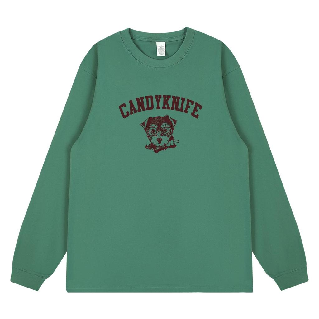 INS Retro Hand-Painted Puppy Print Unisex Loose Long Sleeve T-Shirt