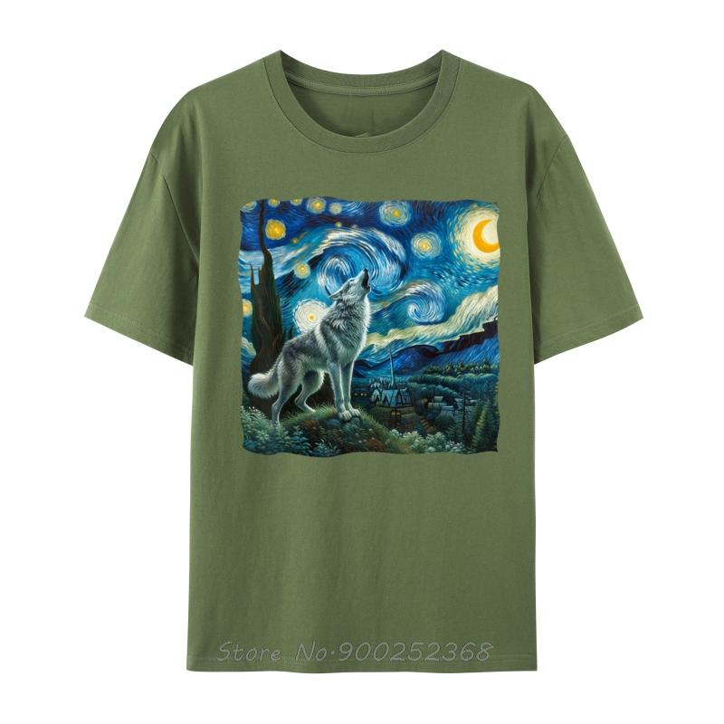 Wolf Starry Night Howling Moon Funny TShirt Oversized Casual Tshirt New Summer Tees Cotton Fashion T Shirt Men Clothing