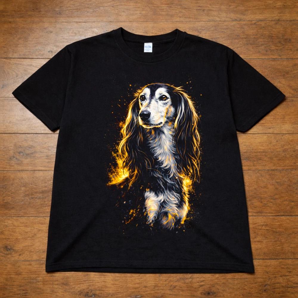 Long Haired Dachshund Dog Graphic T Shirt Unisexs Unisexs Sausage Dog Fire Art Tee 2XL
