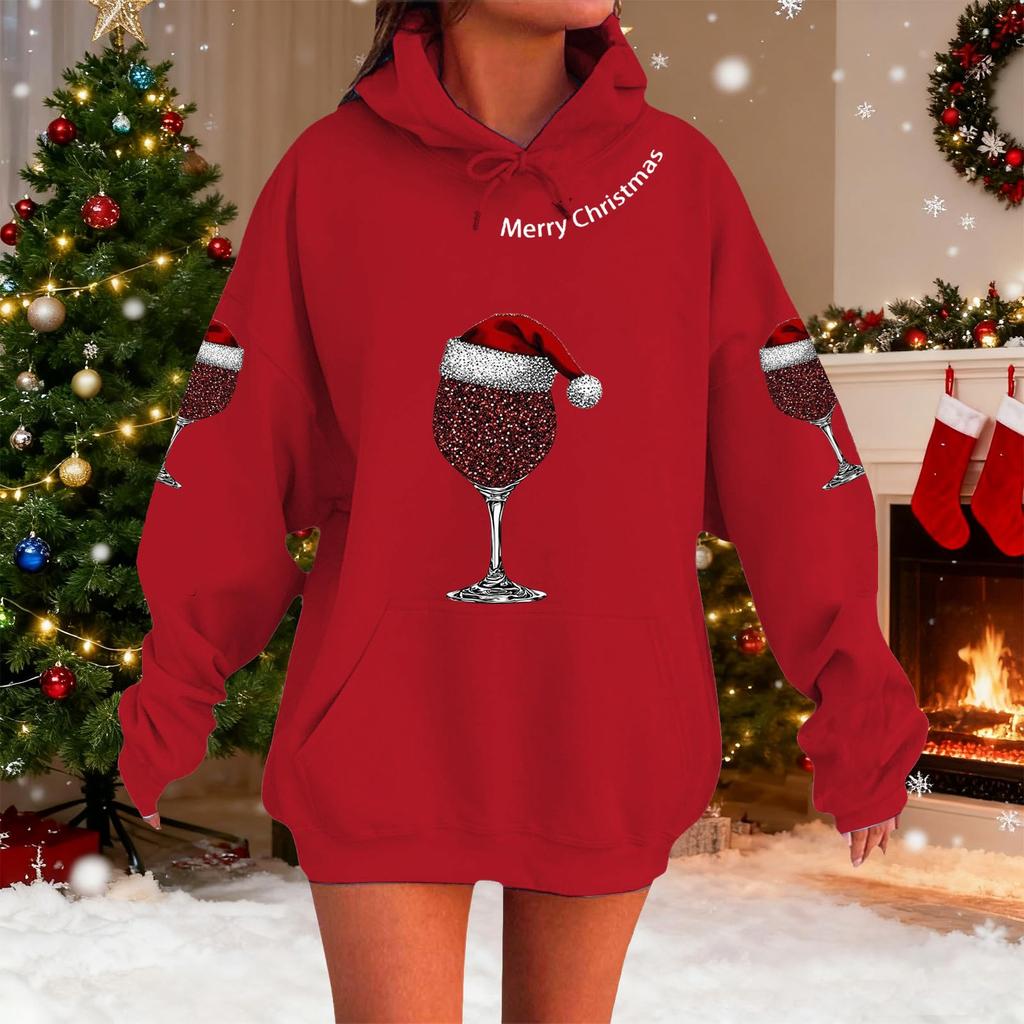 Women's Fashionable Casual Long-Sleeved Christmas Holiday Party Printed Hooded Sweatshirt