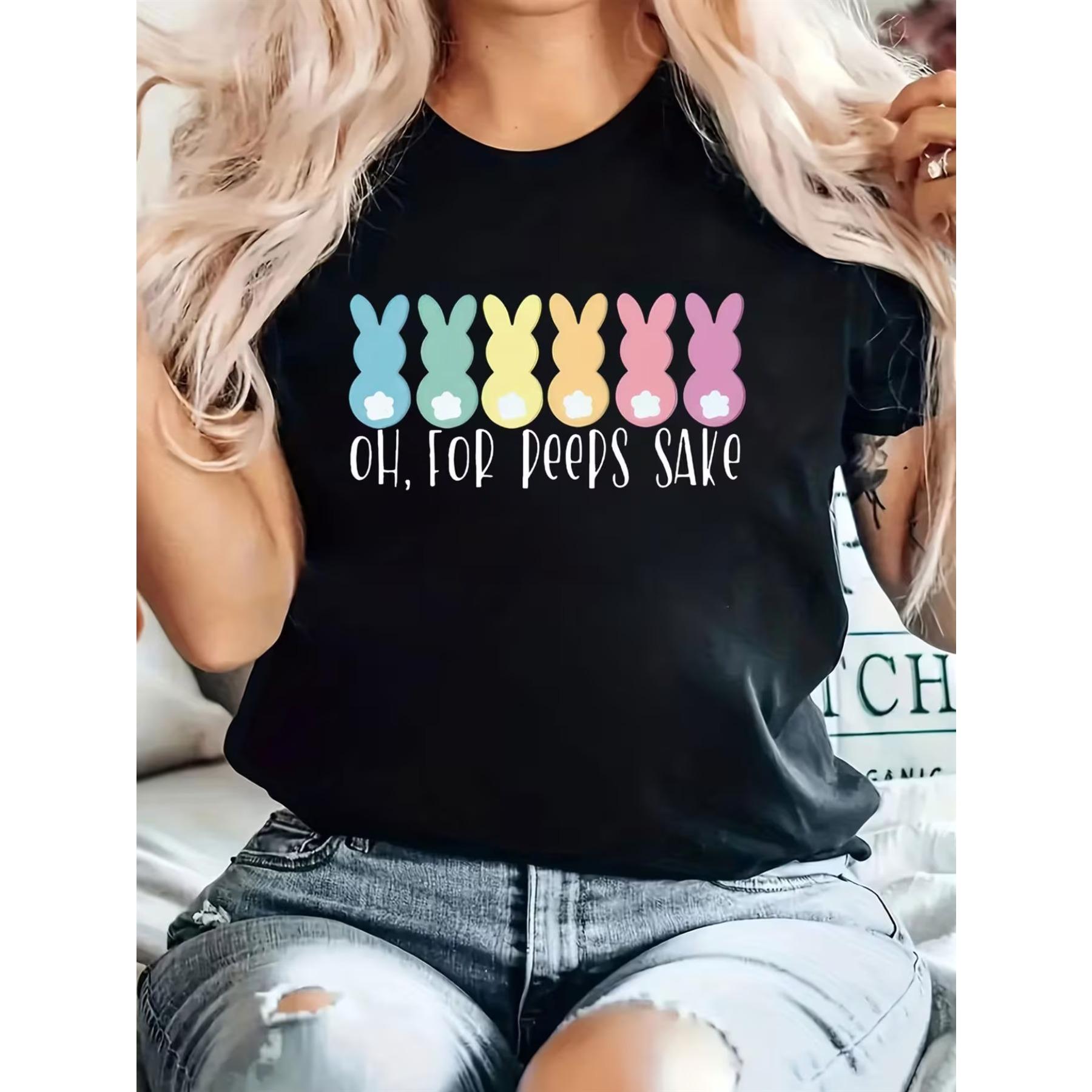 

Women S Easter Bunny Graphic T-Shirt - Black Casual Crew Neck Short Sleeve Tee Featuring Oh Top Peeps Design XXL