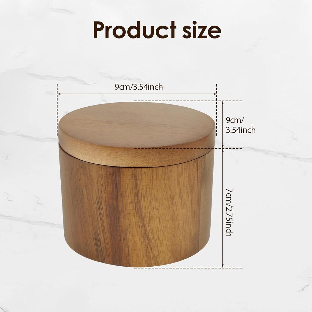 tazón de sal y pimienta de madera de acacia bodega de sal y especias de madera natural con cuchara y tapa giratoria magnética soporte de sal de coc