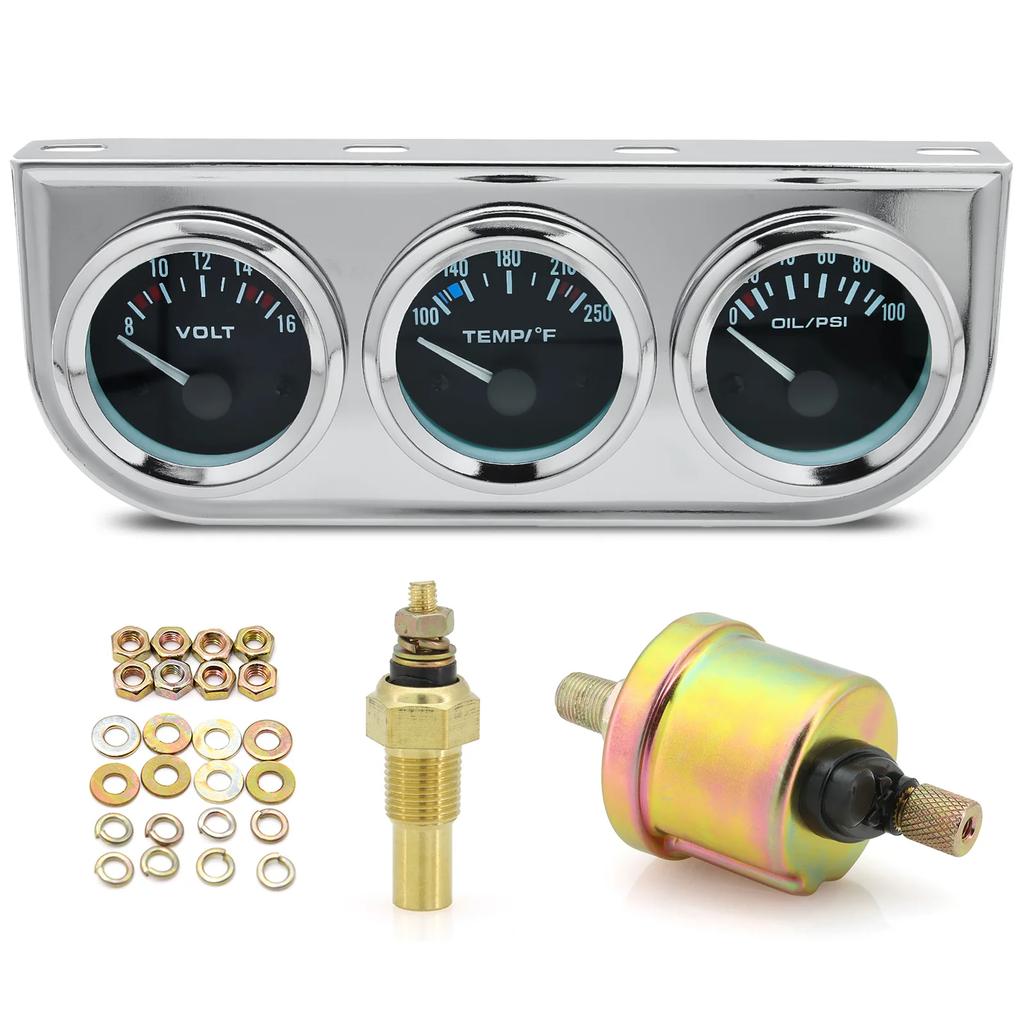 2'' 52mm 3 in 1 LED Back-lit Gauges Voltmeter Water  Oil Pressure Oil temperature Electrical Gauge 3 in 1 Kit Meter