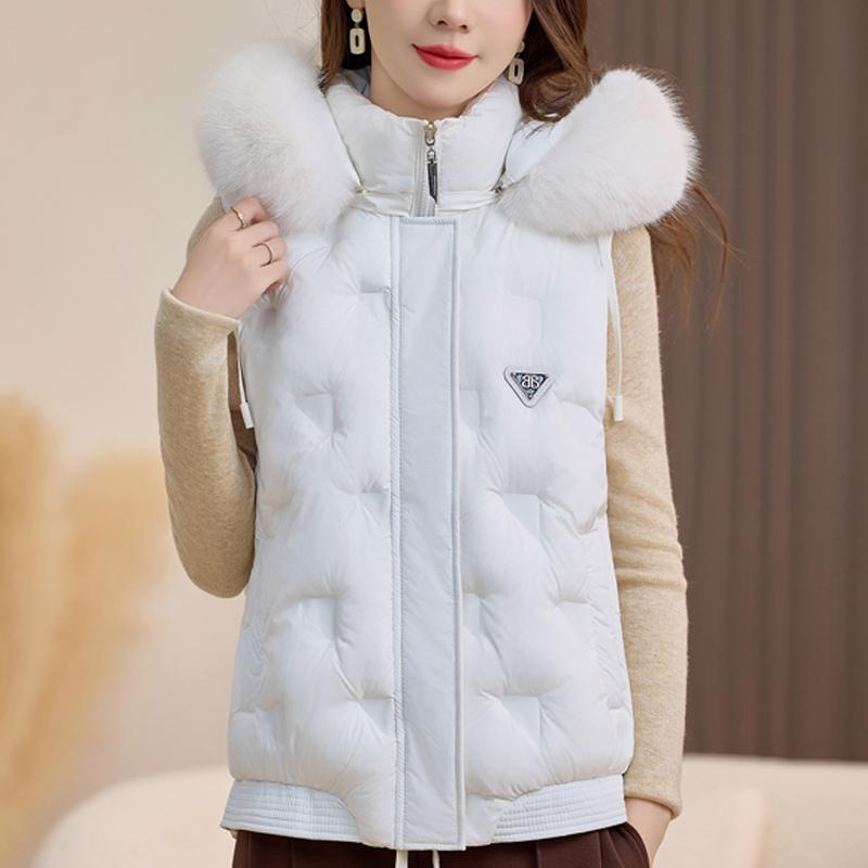 

Модний зимовий жіночий жилет з капюшоном, хутряним коміром, товстий, теплий, повсякденний, без рукавів, жіночі куртки, коротке пальто M білий