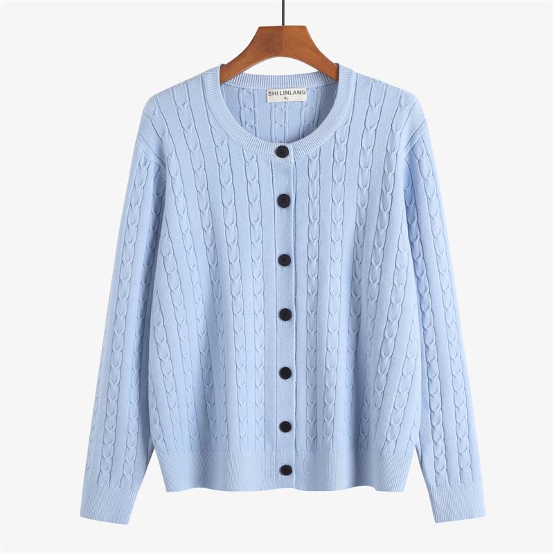 Plus Size Women's Round Neck Cable Knit Cardigan, Long Sleeve, Core-Spun Yarn, Autumn 2025 Collection