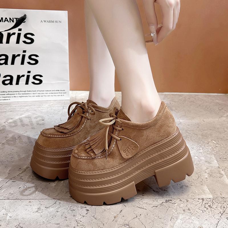 Fashion 10CM Women‘s Casual Loafers Suede Leather Pumps Tassel Design Monk Shoes Autumn Lace-Up High Heels Comfortable Chunky Sneakers