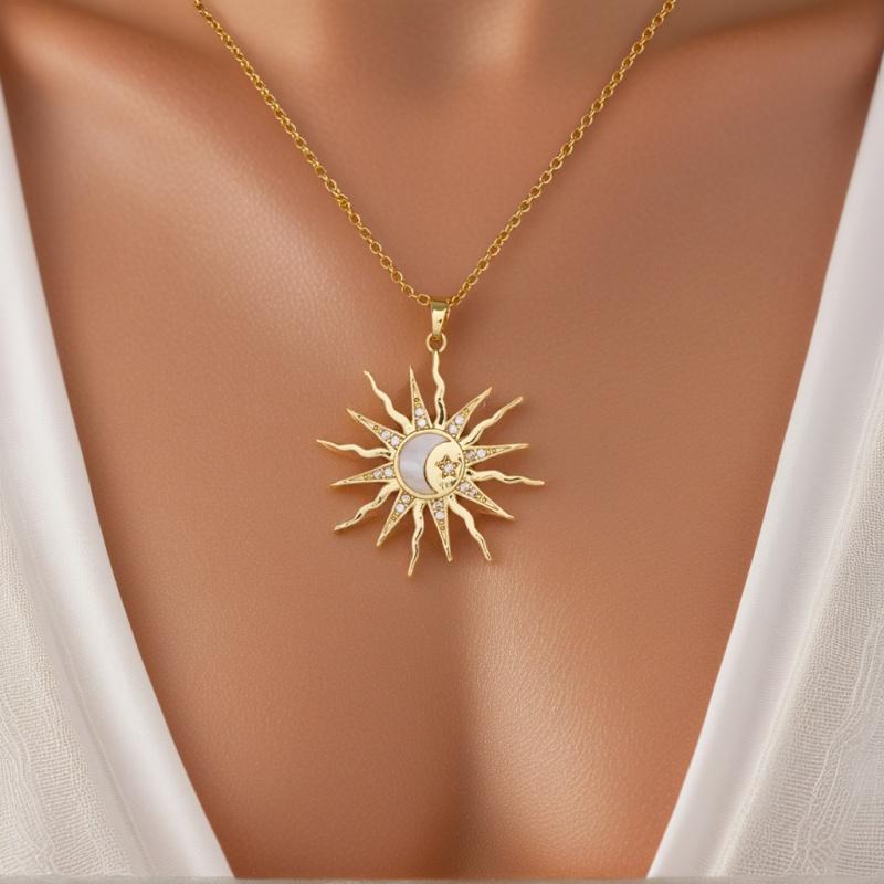 Shining Rhinestone Unique Design Sun Star Moon Three In One Pendant Necklace Retro Women s Daily Versatile Party Jewelry