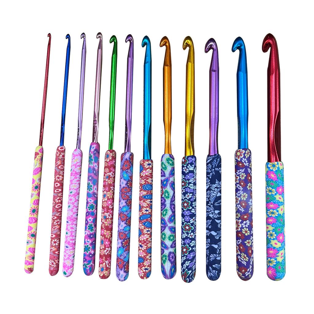 Handmade Crochet Hooks Set 12 Pcs Soft Clay Floral Handle Metal Yarn Needles for Knitting