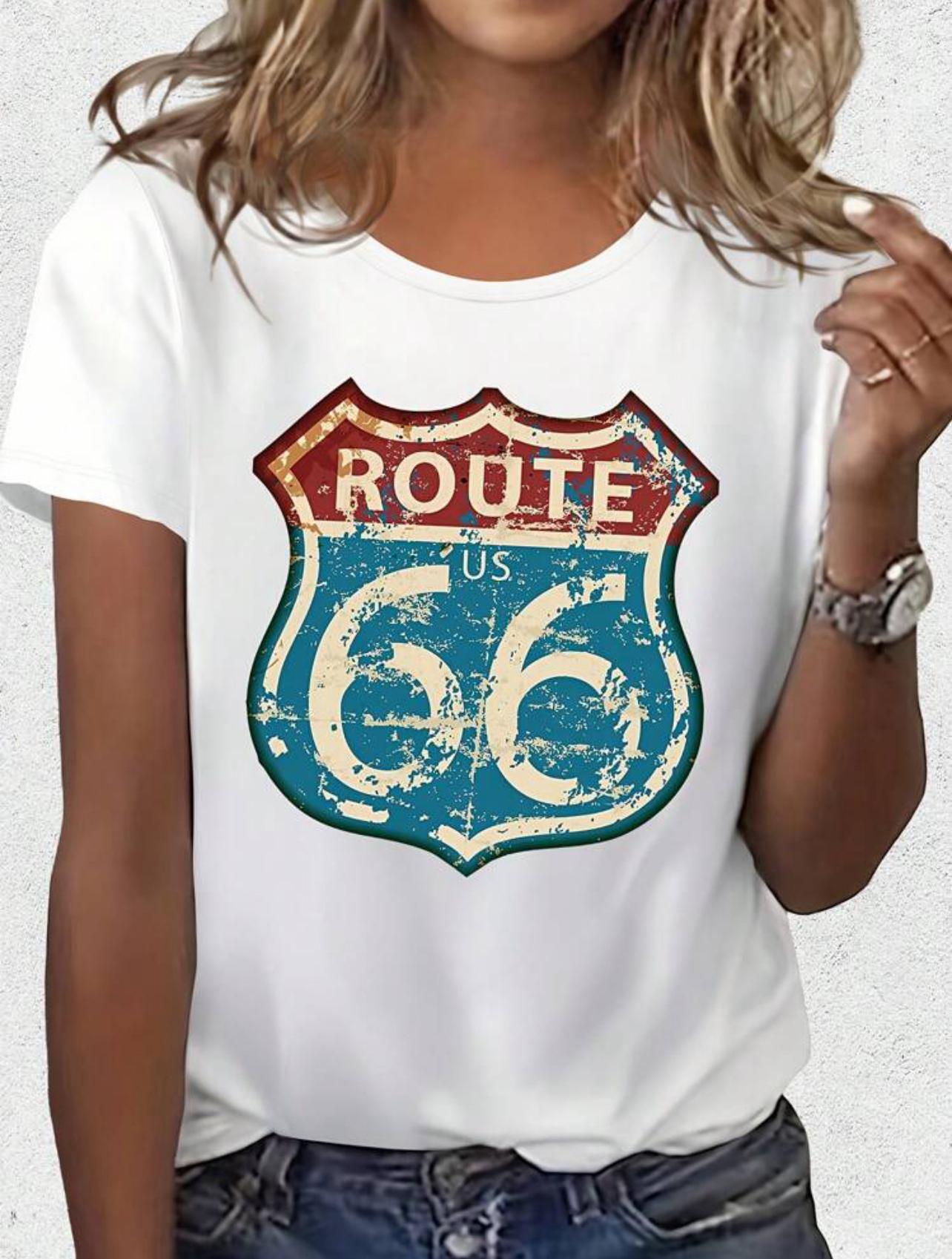 

Women s short-sleeved round-neck casual T-shirt with the ROUTE 66 letter pattern printed on it M