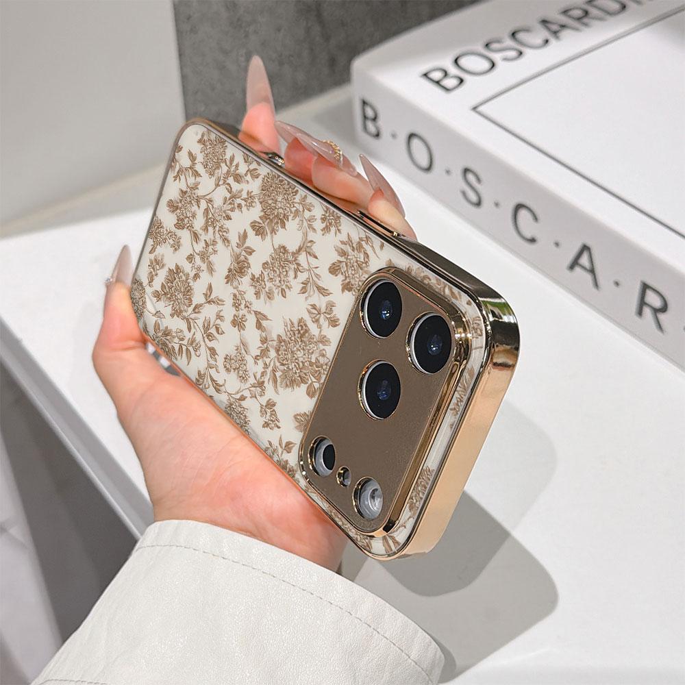 Lucky Start Phone Case For iPhone 17 16 15 14 13 12 11 Pro Max 16E Gold Electroplated Glass Shell  Beige Peony Cover