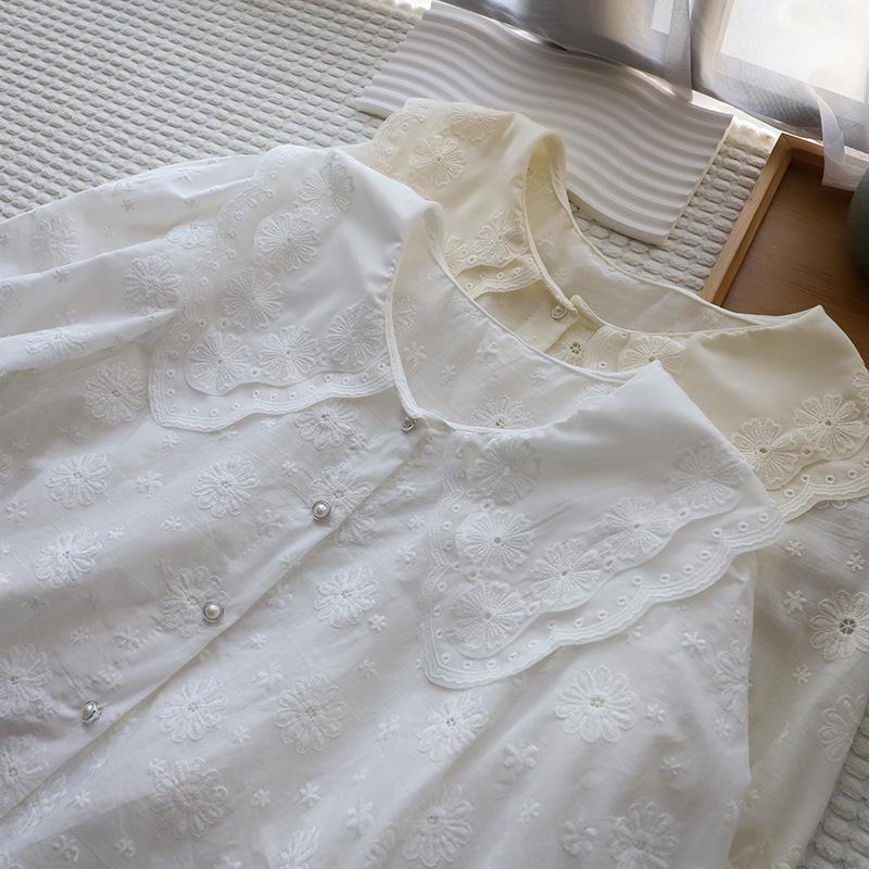 

Bi Zheng 2025 Korean Peter Pan Collar Puff Sleeve Jacquard Blouse One Size