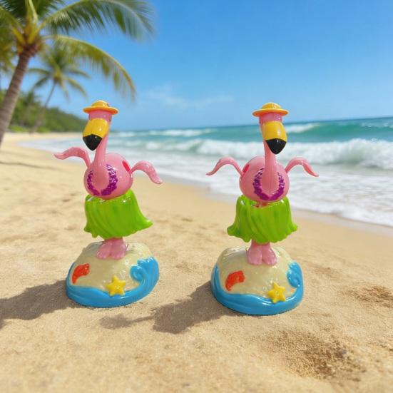 Cute Flamingo Solar Car Ornament Plastic Dashboard Decor with Automatic Swing Hawaiian Grass Skirt Design Car Desk Seaside Decoration Novelty Gift