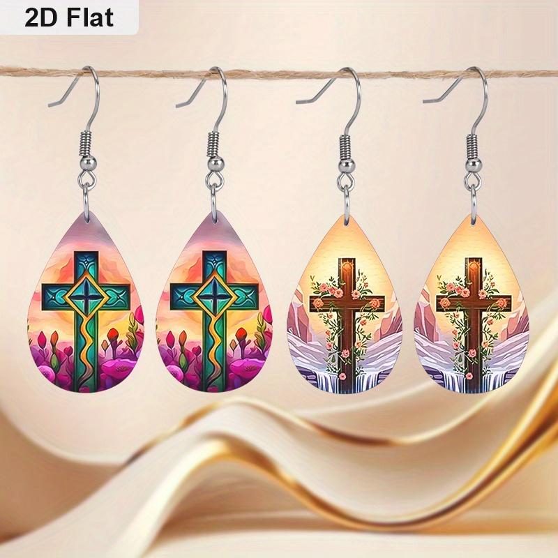 Cross PU Leather Earrings with Floral Design, Fashion Earrings, Exquisite Earrings, Holiday Gifts for Friends, Party Fashion Accessories