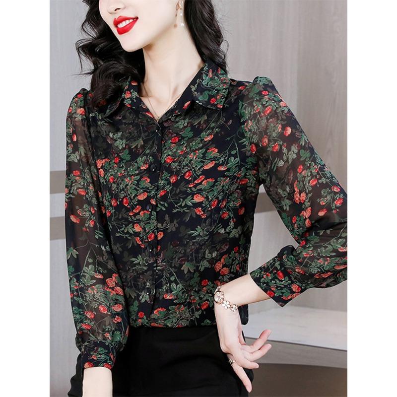 Neuer Stil Mode für mittelalte Mütter Herbstkleidung Geblümtes Langarmhemd Temperament Pendeln Polokragen Lockeres Oberteil für Damen