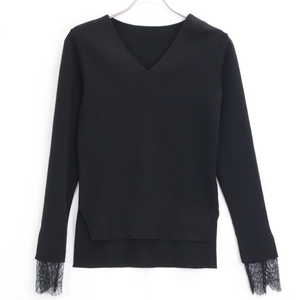 FOXEY 36378 Black V-neck knit top with lace sleeves tops 40 blackUsed