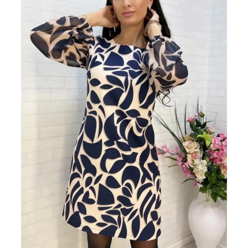 

Плюс Размер Женщин Новый Круглый Вырез Модный Принт Сращивание Длинные Рукава Платье XXL